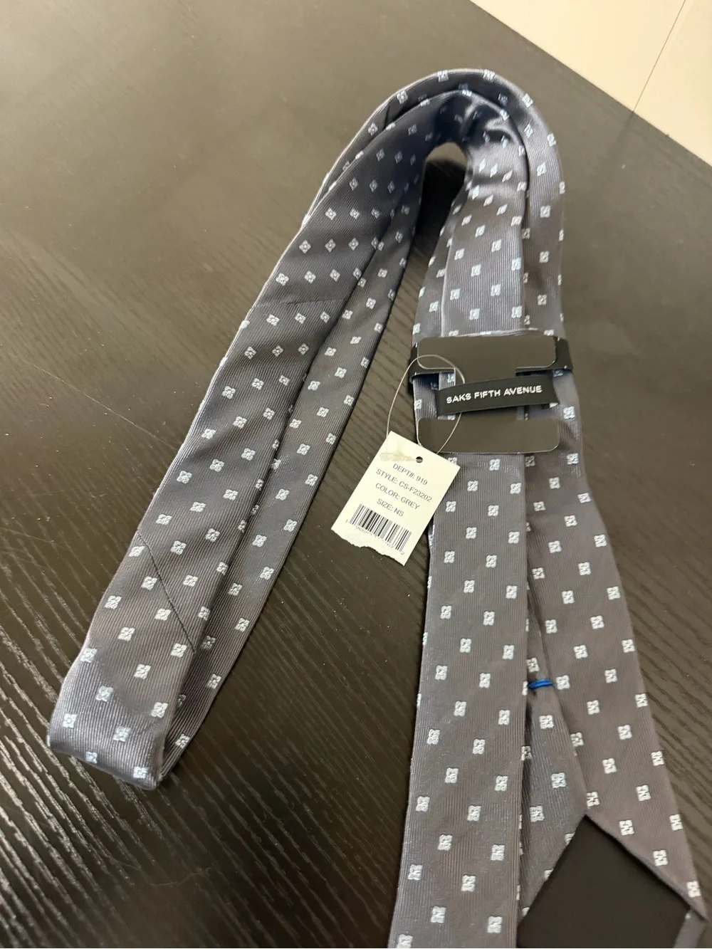 Saks Fifth Avenue Gray Tie with White Micro Squares 3” x 58”